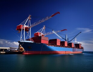 Industrial Shipping Yard with Cranes Loading Cargo onto Large Ship for International Business Transportation Operations 