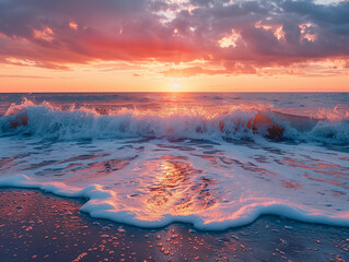 Wall Mural - Ocean Wave Crashing on Sandy Beach at Sunset