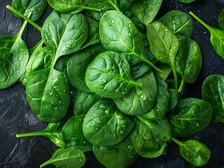 Wall Mural - Fresh Green Spinach Leaves With Water Droplets on Dark Surface