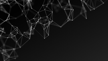 abstract connection of dots and lines on a black background. Black and white plexus effect. Particles and polygons fly slowly, a futuristic interweaving of digital data. Neural networks, Cellul