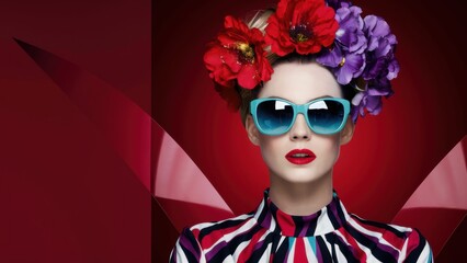 Wall Mural - A woman with sunglasses and flowers in her hair posing for a picture, AI