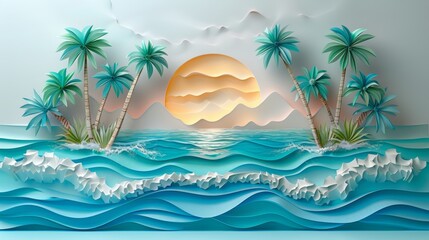 Wall Mural - Tropical island with paper palm trees and a turquoise ocean.