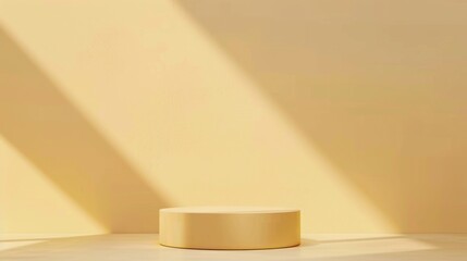 Poster - A single, cylindrical platform sits on a pale yellow surface, bathed in warm sunlight that casts a diagonal shadow on the wall
