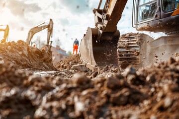 Close-up shot of a bulldozer's tracks and blade, covered in dirt and debris. Beautiful simple AI generated image in 4K, unique.