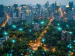 © Aimage - illustration of a future city with city parks and tall buildings and interconnected with a glowing internet network. smart city concept