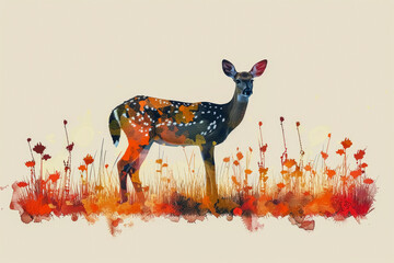 Poster - A stylized flat illustration of a deer in a modern graphic style, characterized by bold outlines and bright colors. Abstract shapes and patterns that highlight the deer's distinctive features