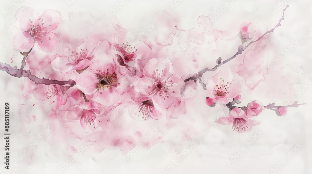 Elegant watercolor painting of pink cherry blossoms on a white ...