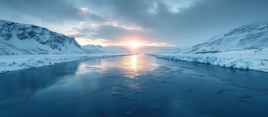 Poster - Frozen River Landscape with Sunset