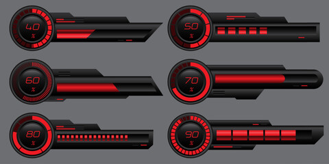 Wall Mural - Set of HUD modern loading progress bars user interface elements design technology cyber red black metallic futuristic vector