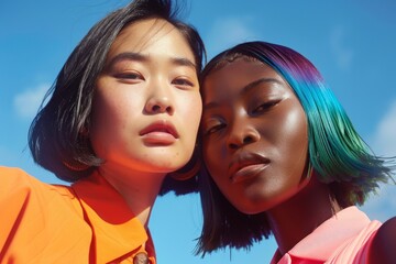 Wall Mural - Close-up portrait of two women with striking hairstyles: short black and vibrant blue/purple. Both looking at the camera against a blue sky