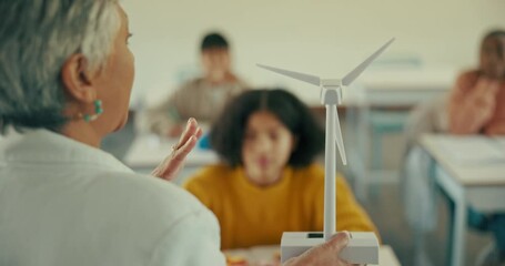 Poster - Teacher, classroom and lesson for clean energy or environment, eco friendly learning for planet. Professor, students and school with lecture for sustainable electricity, education with wind turbine