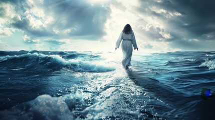 Wall Mural - Realistic photo of jesus walking on water towards camera, portraying a serene and miraculous moment