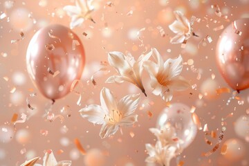 Poster - Rose gold confetti and foil balloons float in the air, surrounding delicate freesia flowers