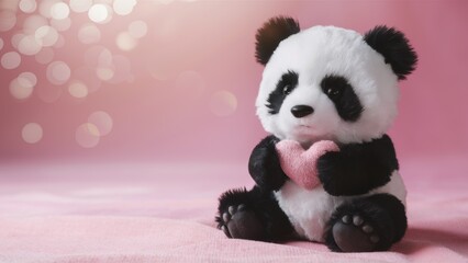 Poster - A stuffed panda bear holding a heart shaped toy on pink background, AI