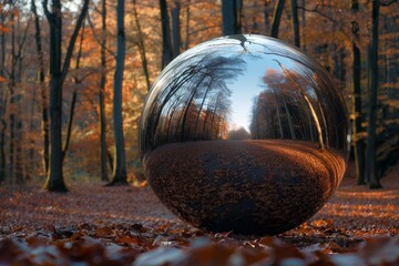 Poster - A large, metallic sphere rests on fallen leaves in a forest. The sphere reflects the surrounding trees and sky, creating a surreal and abstract image