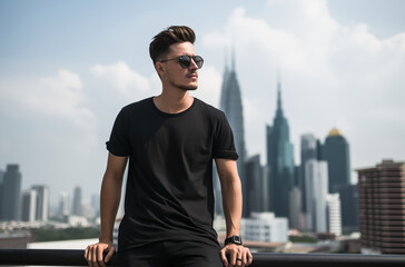 A stylish man in sunglasses leaning on a railing with a city skyline in the background, exuding confidence and urban style