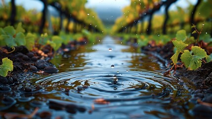 Poster - Raindrops creating tiny ripples in puddles within a vineyard. Generative AI.
