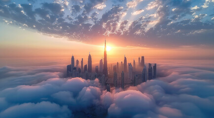 Poster - Sunny day, dusk, city skyline with condo buildings, above the clouds, clear skies above. Generative AI.