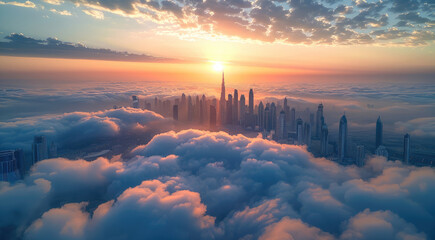 Wall Mural - Sunny day, dusk, city skyline with condo buildings, above the clouds, clear skies above. Generative AI.