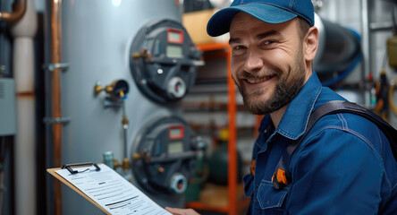 Aufkleber - A smiling technician in a blue uniform and cap servicing a home water heater system, holding a clipboard and pen, portraying professionalism, maintenance work. Generative AI.