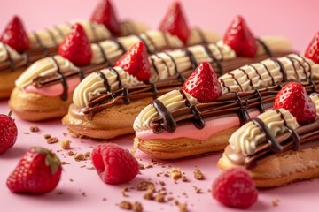 a close-up view of freshly-baked eclairs decorated with strawberries and chocolate drizzle, captured