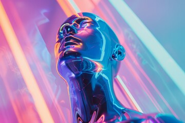 Poster - A metallic humanoid figure with holographic textures is illuminated by bright neon lights in a studio setting