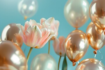 Poster - Pink tulips and golden balloons arranged on a pastel blue background