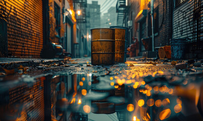 Poster - Dark alley, buildings on both sides, closed alley, dim lights, metal oil drums, water reflecting on the ground. Generative AI.
