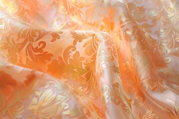 Poster - A close-up shot of a peach and gold damask fabric draped in an artistic composition, showcasing the intricate texture and subtle sheen of the material
