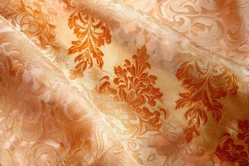 Poster - A close-up shot of a peach-colored damask fabric with a metallic gold floral pattern. The fabric is draped and textured, showcasing its intricate design