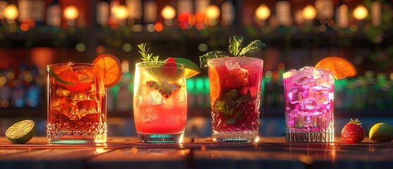 The cocktails on the bar counter, 3D rendering, colorful look 