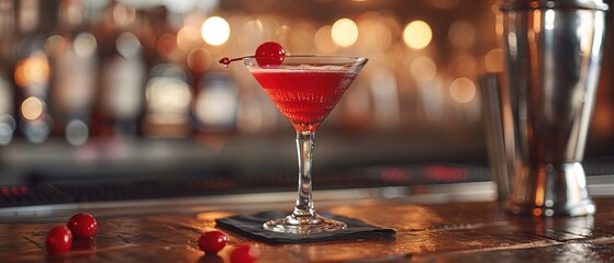 Red cocktail poured from shaker into glass on napkin on bar