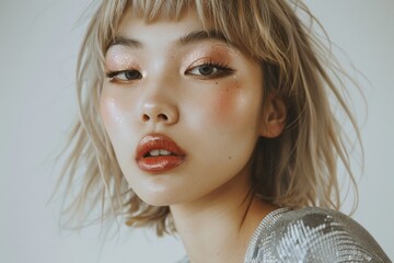 Wall Mural - A young Asian woman with light blond hair styled in bangs looks directly at the camera. Her makeup features shimmery eyeshadow and a soft, rosy blush