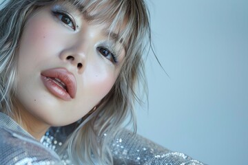 Wall Mural - A closeup portrait of a young Asian woman with very light blonde hair styled in bangs. The woman is wearing makeup with iridescent eye shadow