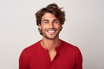 Wall Mural - Happy Young Man In Red Shirt Smiling At Camera Against Plain White Background With Stylish Hair