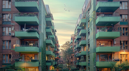 Poster - A high rise apartment housing block. the facade is made of sparkling green bricks. various activities of people in between the street and the plinth of the building. Generative AI.