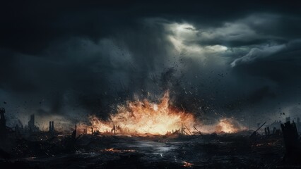 Wall Mural - A dark scene with a fire and some clouds in the background, AI