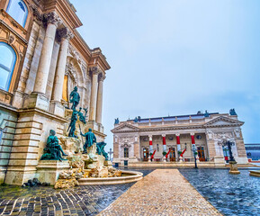 Poster - Matthias Fountain, the popular attraction  on the wall of Buda Palace, Budapest, Hungary