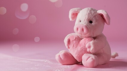 Canvas Print - A stuffed pig holding a heart shaped toy on pink background, AI