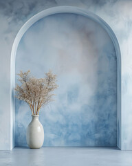 Poster - Simple arch with arched opening, arctic blue wall, white floor, dry flower vase foreground, minimalist style, soft lighting, hyper-realistic, high resolution/detail.