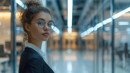 Wall Mural - Innovative IT-company office, glass partitions and doors, young woman in glasses holding a laptop in the foreground. Generative AI.