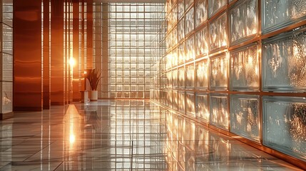 Aufkleber - Hotel lobby made from a copper grid with glass blocks, golden hour. Generative AI.