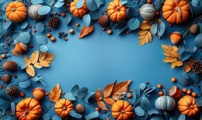 Canvas Print - autumn thanksgiving background pumpkins acorns walnuts physalis,maple leaves on pastel blue table top view