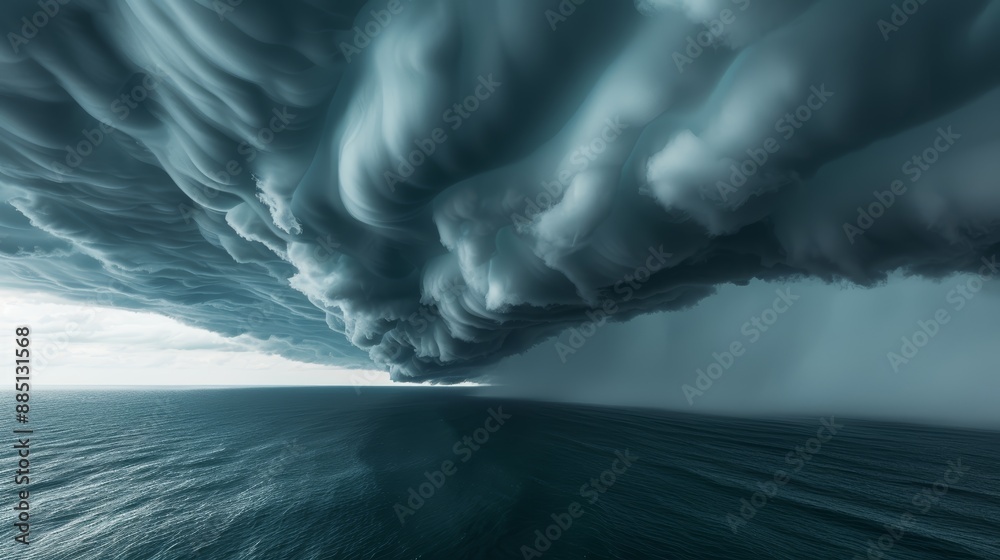 Intense seascape featuring dark storm clouds converging over the sea ...