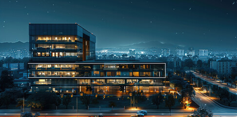 Poster - Office building, simple background, at night, aerial view. Generative AI.