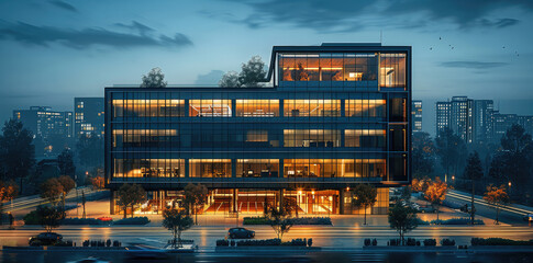 Poster - Office building, simple background, at night, aerial view. Generative AI.