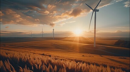 Poster - Five huge wind turbines are spinning in the wind field. depth of field. Generative AI.