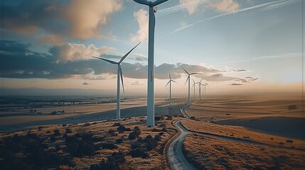 Poster - Five huge wind turbines are spinning in the wind field. depth of field. Generative AI.