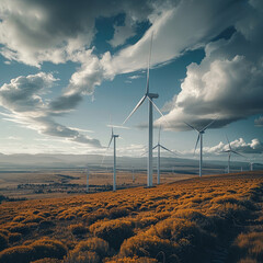 Poster - Five huge wind turbines are spinning in the wind field. depth of field. Generative AI.