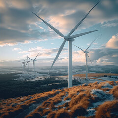 Aufkleber - Five huge wind turbines are spinning in the wind field. depth of field. Generative AI.